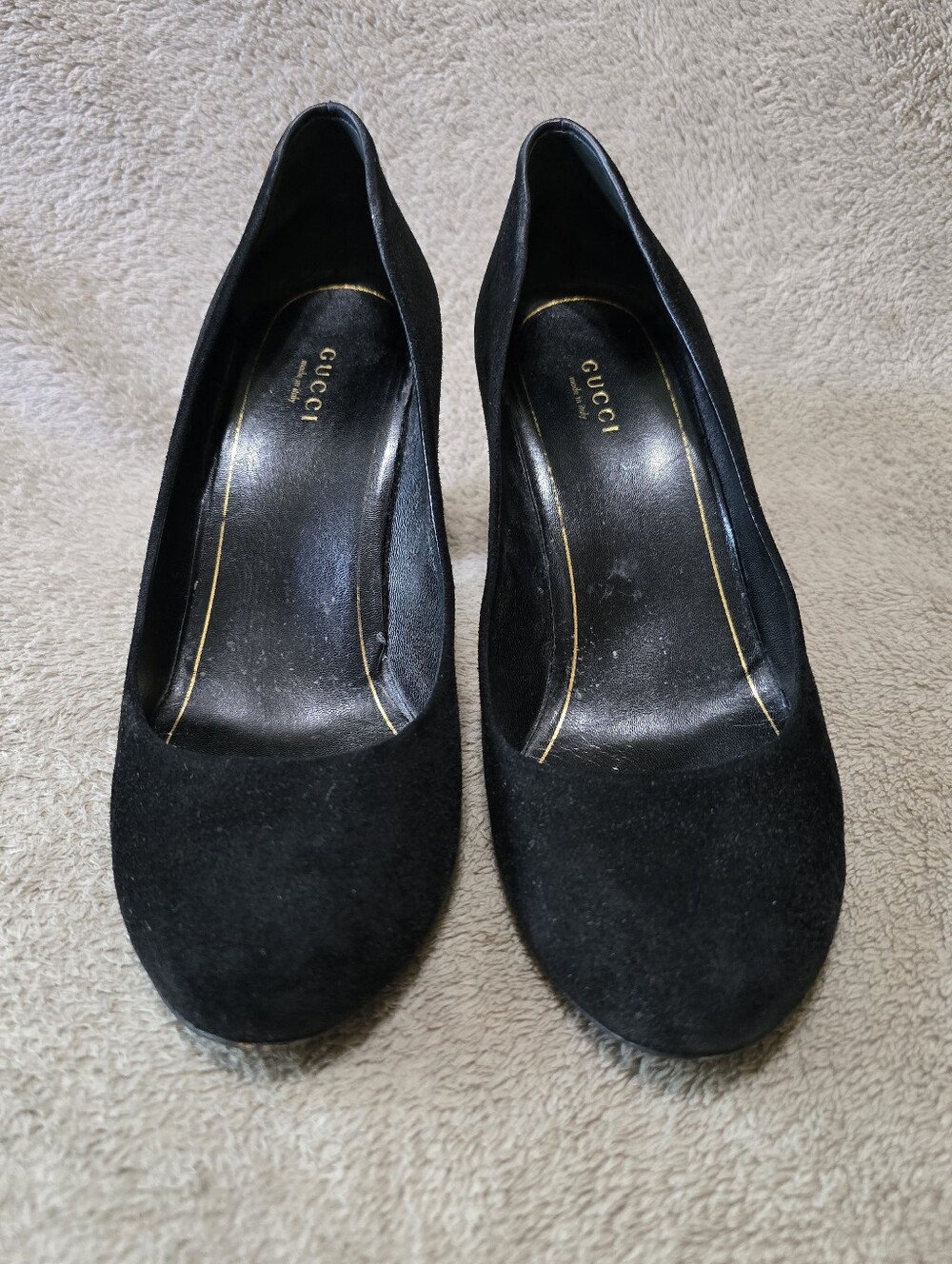Gucci Jacquelyne Black Suede Gold Studded Block Heel Round Toe Pumps Size 39 - Picture 2 of 15